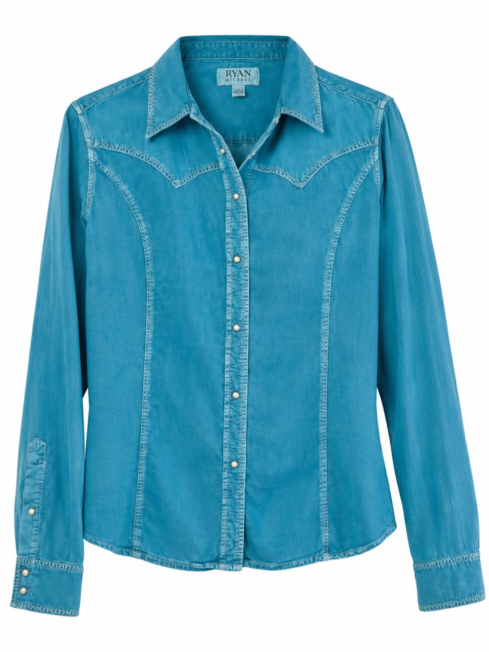 Ryan Michael turquoise western blouse features pearlescent snap buttons size L